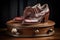 elegant pair of shoes on elegant wooden pedestal