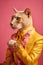 Elegant panter wearing colorful clothes on a pink background. Generative AI