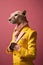 Elegant panter wearing colorful clothes on a pink background. Generative AI