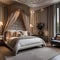 An elegant Parisian bedroom with a canopy bed, silk drapes, and intricate floral patterns1