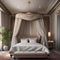 An elegant Parisian bedroom with a canopy bed, silk drapes, and intricate floral patterns4