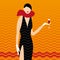 Elegant party girl dressed in black with orange background.