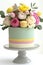 Elegant Pastel Green Cake Decorated with Yellow and Pink Roses and Macarons on a White Background