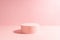 Elegant pastel pink circle single podium mockup in sunlight with shadow on soft light sunny background, copy space. Template scene