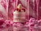 Elegant Pink Layered Birthday Cake with Creamy Frosting and Fresh Raspberries on Artistic Marbled Background with Delicate Flowers