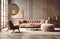 Elegant pink velvet sofa near dark paneling wall. Interior design of modern living room. Created with generative AI
