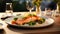 Elegant plating perfectly grilled salmon fillets,lemon wedge garnish, on a modern white plate, soft diffused lighting, minimalist