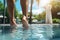 Elegant poolside scene Womans feet above water, exuding beauty