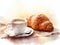 Elegant porcelain cup of delicious morning coffee and delicious fresh croissant