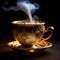 Elegant Porcelain Cup, Exquisitely Painted with Gold, Surrounded by a Whiff of Steam from the Scintillating Cup of Coffee