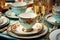 Elegant porcelain dinner set. Luxury ceramics tableware setting. AI generated