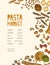 Elegant poster or flyer template with various types of pasta hand drawn on light background. Colorful realistic vector