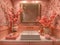 Elegant powder room with floral wallpaper and antique mirror
