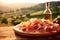 Elegant prosciutto display, with a Tuscan vineyard softly blurred in the background.