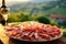 Elegant prosciutto display, with a Tuscan vineyard softly blurred in the background.