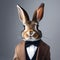 An elegant rabbit in formal wear, posing for a portrait with a curious and alert expression1