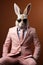 Elegant rabbit in pink suit. Men\\\'s fashion concept.