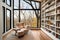 Elegant reading nook with a comfortable armchair, floor-to-ceiling bookshelves, and a large window overlooking nature. Generative
