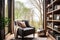 Elegant reading nook with a comfortable armchair, floor-to-ceiling bookshelves, and a large window overlooking nature. Generative