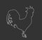 Elegant rooster vector line contour illustration isolated on black background. Male chicken organic food. Farm chantry cock.