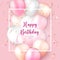 Elegant rose pink pastel color ballon and party popper ribbon Happy Birthday celebration card banner template background