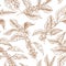 Elegant seamless pattern with coffea or coffee tree branches, flowers, leaves and fruits or berries drawn with contour