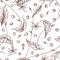Elegant seamless pattern with coffea or coffee tree flowers, leaves and ripe fruits or berries hand drawn with contour