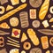 Elegant seamless pattern with delicious breads, baked desserts or sweet pastry, dough products on black background