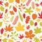 Elegant seamless pattern with fallen autumn leaves of various type and color on white background. Autumnal backdrop with