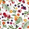 Elegant seamless pattern with fresh goji, acai, guarana, physalis fruits and berries on white background. Backdrop with