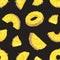 Elegant seamless pattern with fresh pineapple pieces and slices on black background. Backdrop with exotic juicy fruit