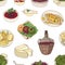 Elegant seamless pattern with Georgian traditional meals, dishes of national cuisine on white background. Colorful hand