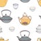 Elegant seamless pattern with hand drawn traditional Japanese tea ceremony attributes - cast-iron kettle Tetsubin