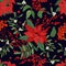 Elegant seamless pattern with parts of winter plants - poinsettia, mistletoe, branches of rowan tree with berries, holly
