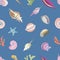 Elegant seamless pattern with seashells or shells of molluscs on blue background. Backdrop with sea or ocean fauna