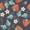 Elegant seamless pattern with a strawberry, leaves and flowers o