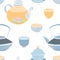 Elegant seamless pattern with traditional Asian tea ceremony tools hand drawn on white background - teapot, cups or