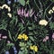 Elegant seamless pattern with trendy wild flowers and herbaceous flowering plants on black background. Beautiful floral