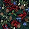 Elegant seamless pattern with winter seasonal plants, coniferous tree branches and cones, berries and leaves on black