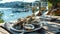 Elegant seaside dining scene with fresh oysters and white wine. a perfect setting for a romantic meal. casual yet