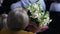 Elegant senior lady watching concert, holding bunch of beautiful lilium flowers