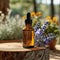 Elegant serum bottle on a herbal podium.