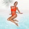 Elegant sexy woman in the orange bikini on the sun-tanned slim and shapely body is posing near the swimming pool - Image