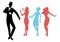 Elegant silhouettes of people wearing clothes of the sixties dancing 60s style