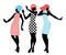 Elegant silhouettes of three girls wearing clothes of the sixties dancing 60s style