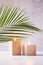 Elegant simple tropical home decor with burning candles in wooden candlesticks with green palm leaf on white wood table, vertical.