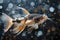 Elegant Single Goldfish Swimming Gracefully with Extended Fins and Whiskers Against a Shimmering Dark Background with Light Bokeh