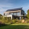 Elegant Solar-Powered Home: Photovoltaic Panels, Tree Shadows & Cobblestone Path