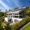 Elegant Solar-Powered Home: Photovoltaic Panels, Tree Shadows & Cobblestone Path