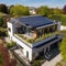 Elegant Solar-Powered Home: Photovoltaic Panels, Tree Shadows & Cobblestone Path